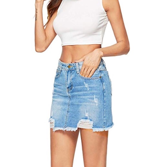 GERALDINE DISTRESSED LIGHT WASH JEAN DENIM SKIRT - Picture 3 of 5